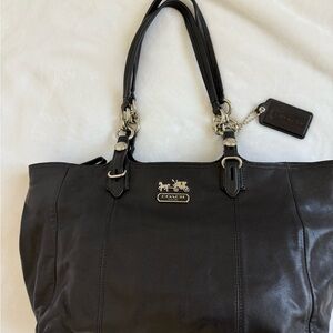 Coach Black Leather Tote Bag with Silver accents